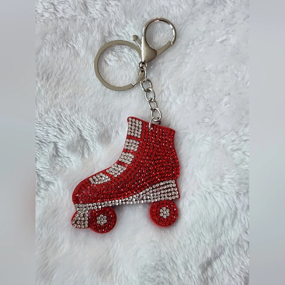 Red and Silver Sparkling Rhinestone Roller Skate Keychain Bag Charm